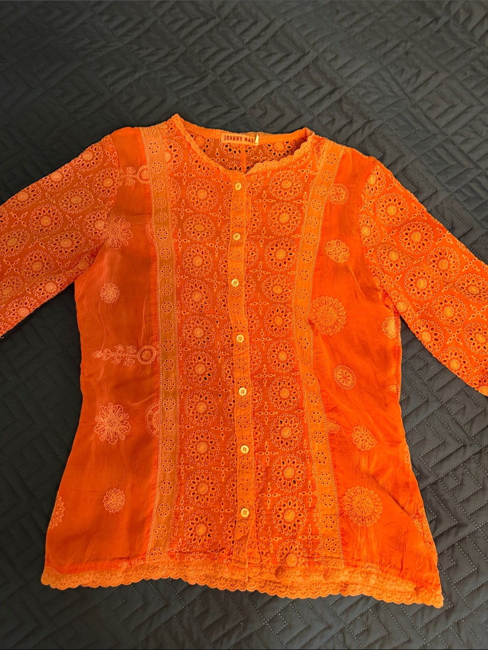 Johnny Was Linen Coral Eyelet Top with Embroidered Label